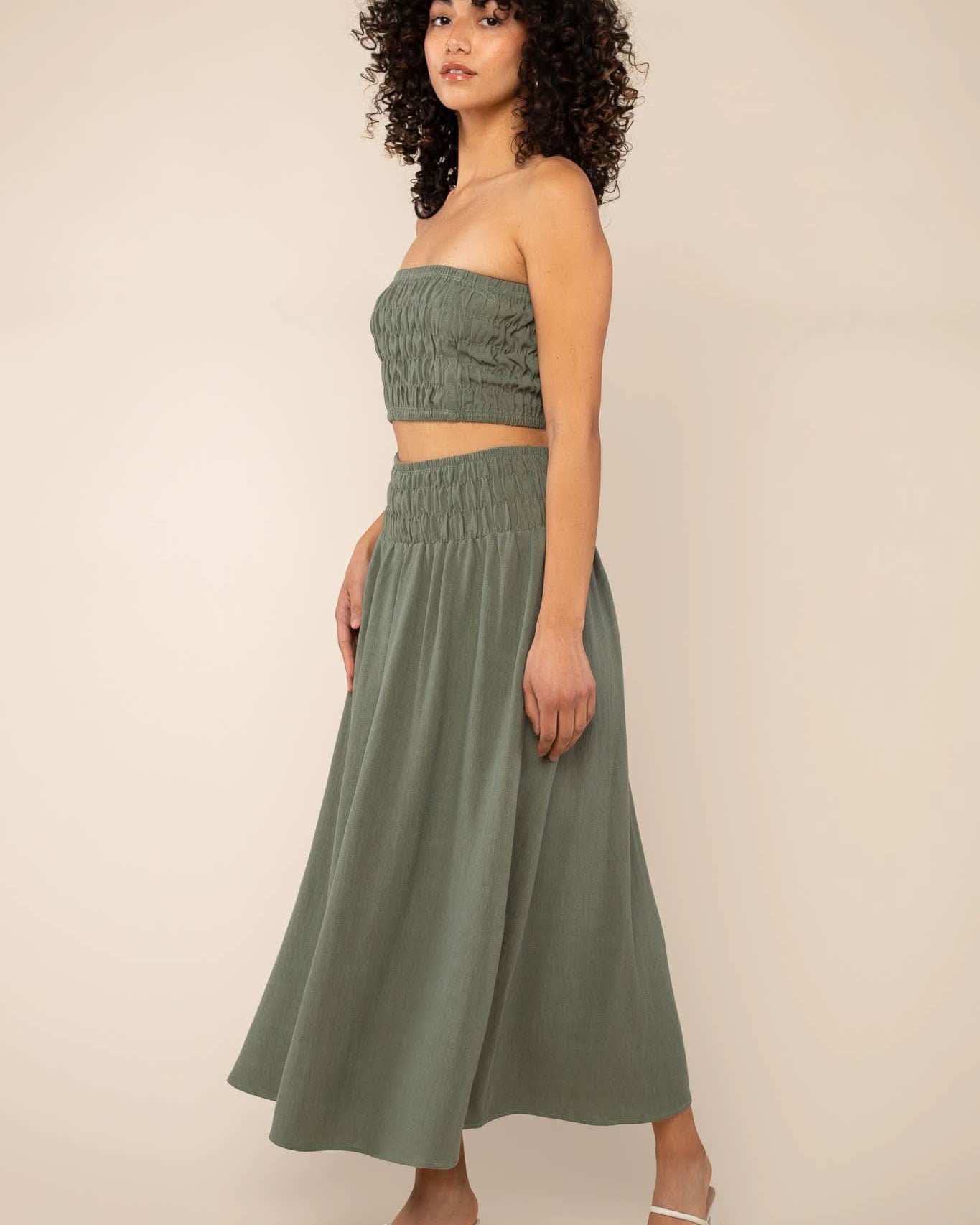 Sage Green Smocked Tube Top and Maxi Skirt Co-ord Set