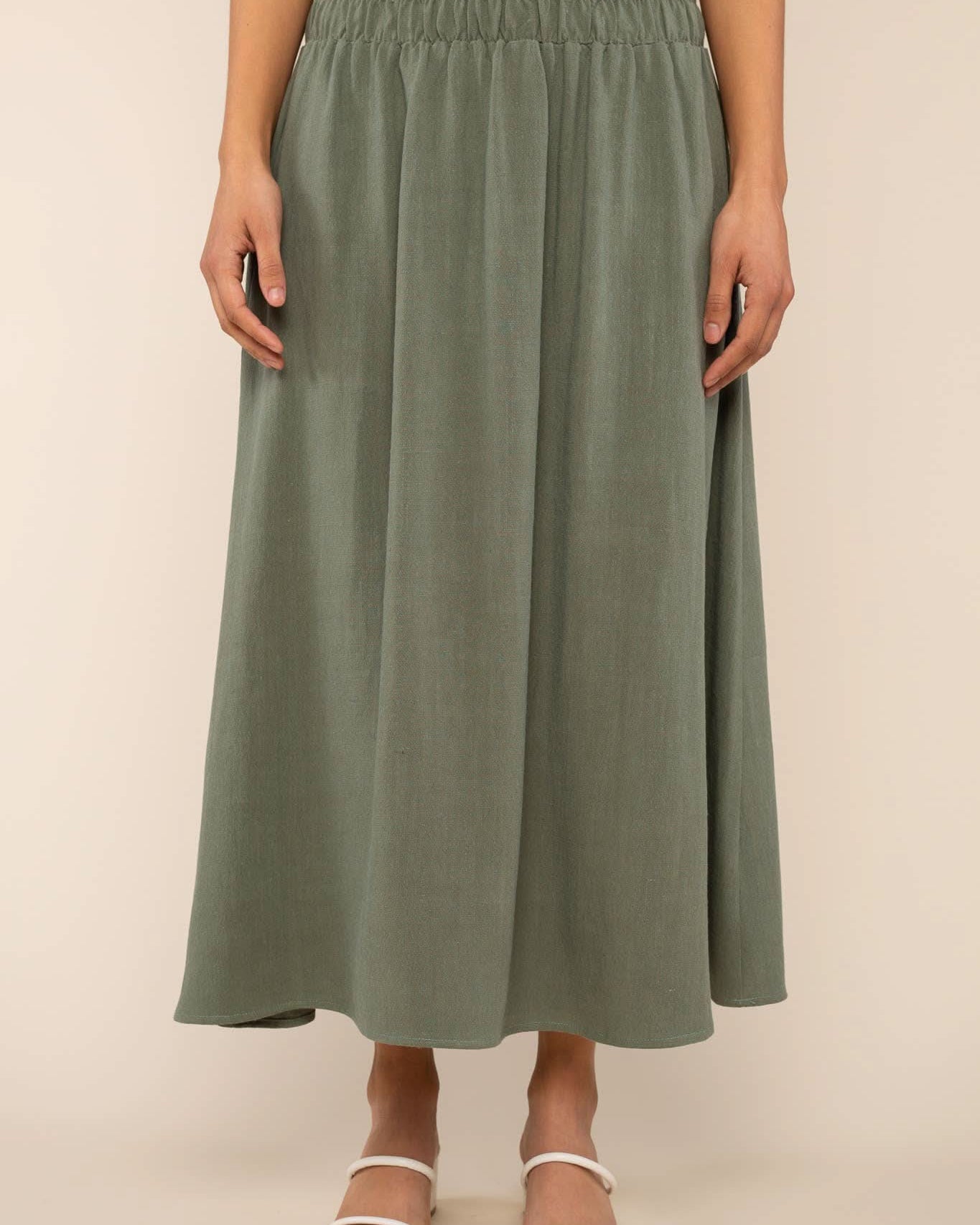 Sophia Linen Skirt - Sage green elastic waist maxi skirt.