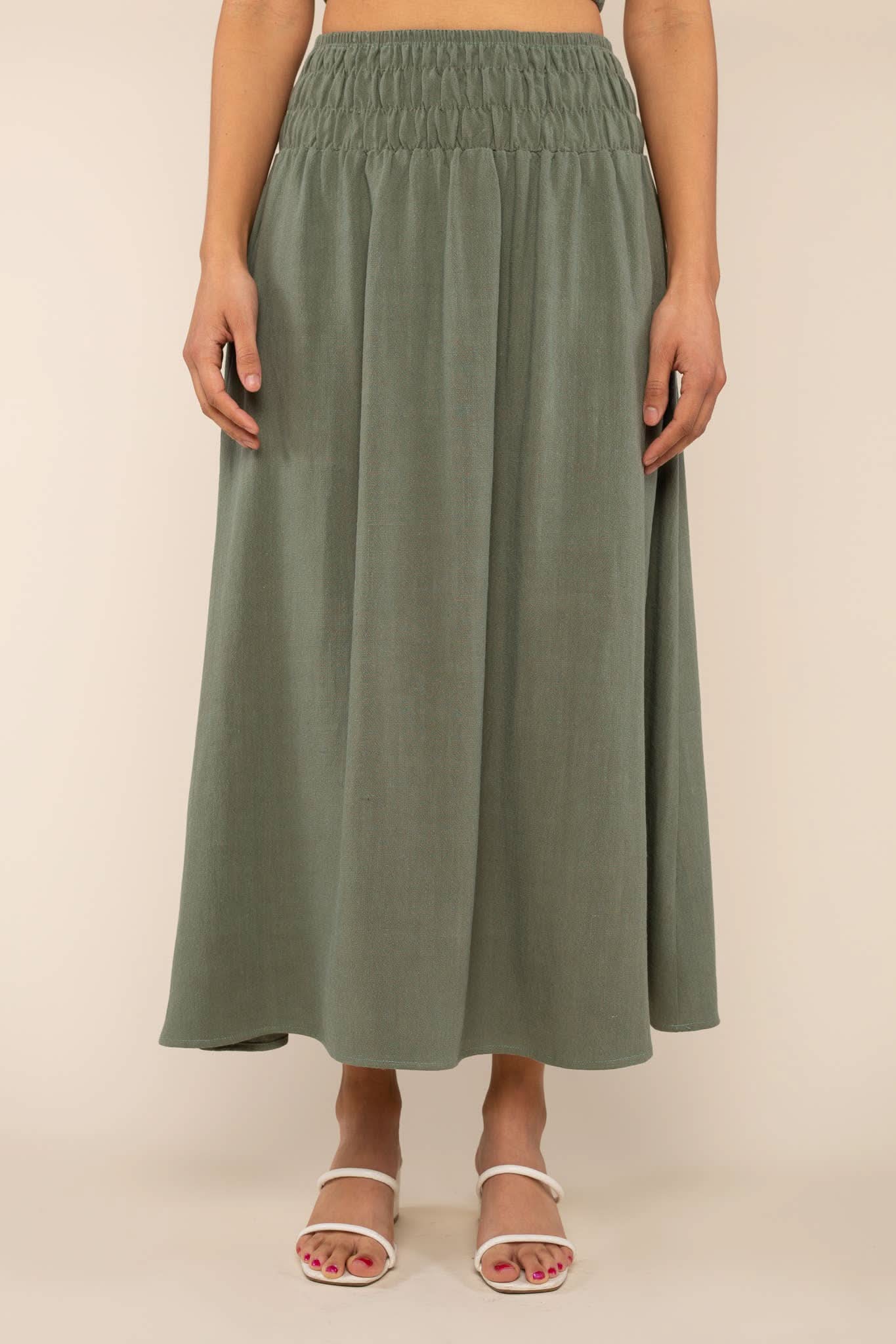 Sophia Linen Skirt - Sage green elastic waist maxi skirt.