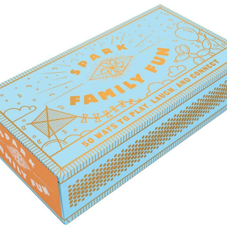 A light blue and orange rectangular box for the Play, Laugh, and Connect