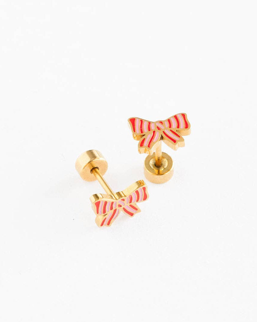 Striped Bow Stud Earring Pair of gold bow shaped earrings