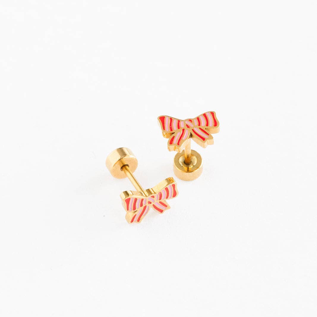 Striped Bow Stud Earring Pair of gold bow shaped earrings