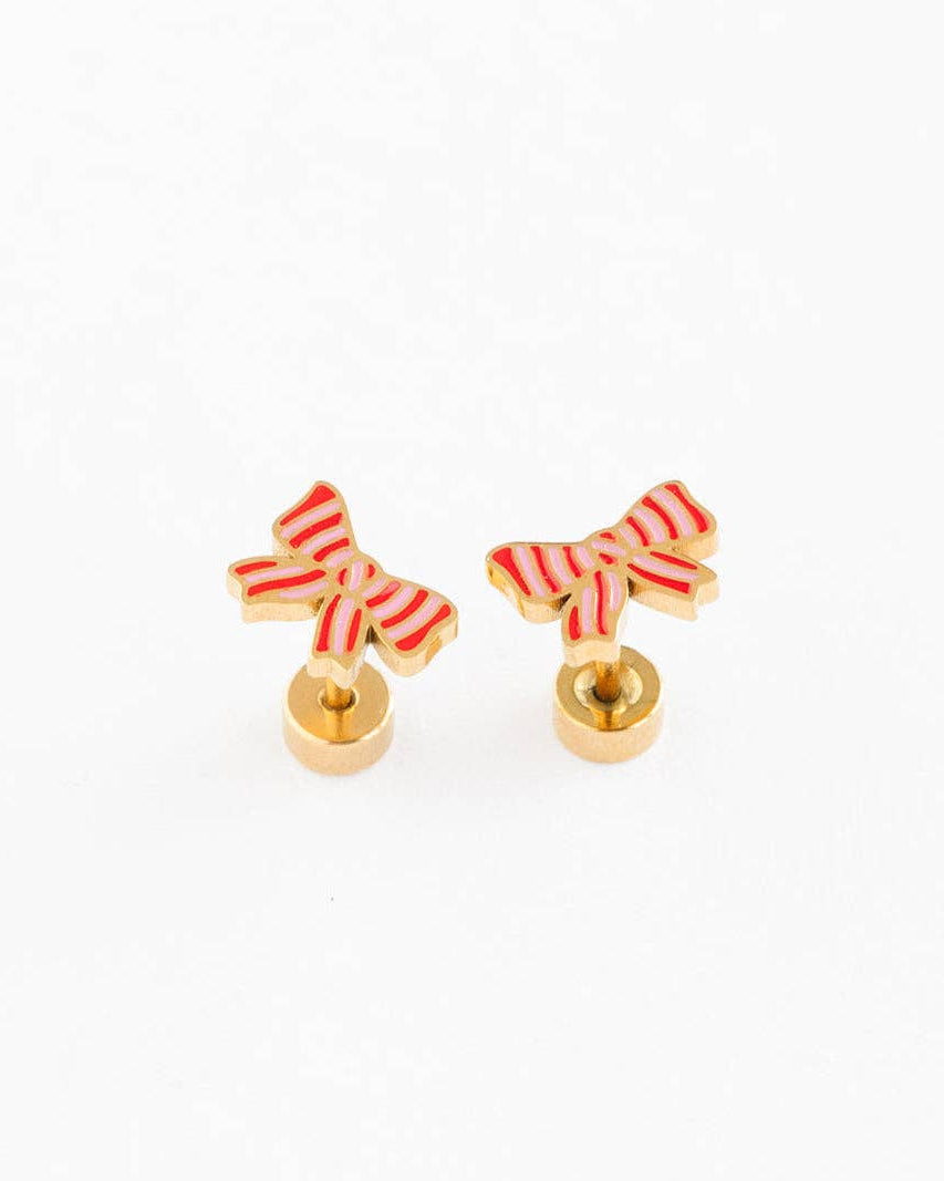 Pair of bow-shaped earrings with gold and ribun stye design