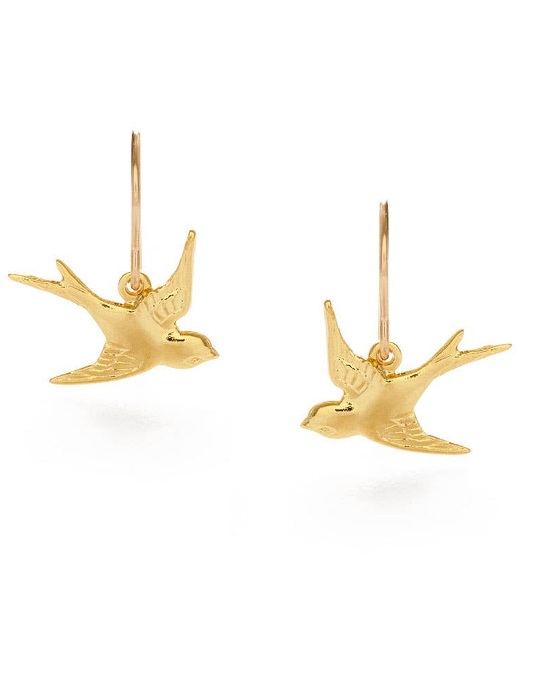 Swallow-Bird-Drop-Earrings - A pair of shiny, polished gold-tone.