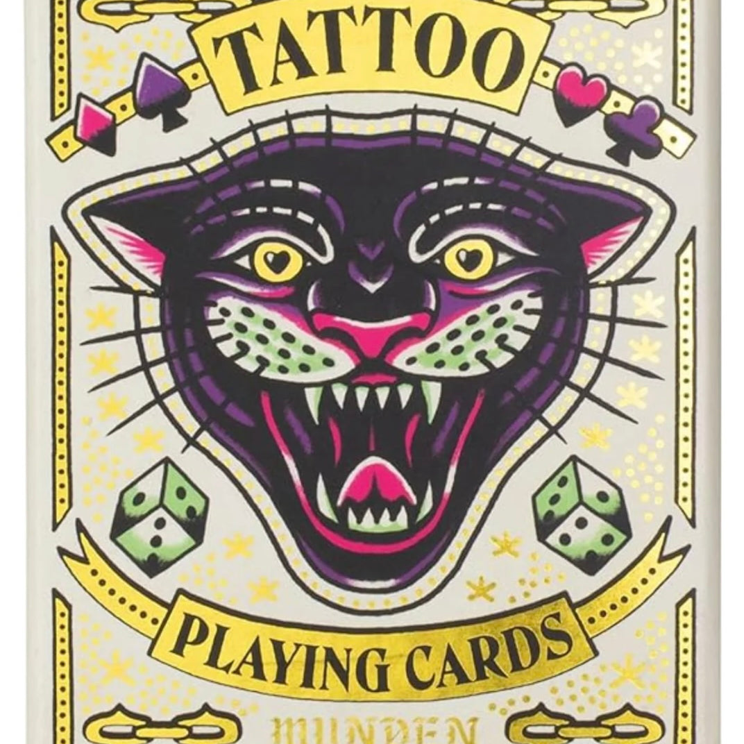 Tattoo Playing Cards box black panther head and gold banners.