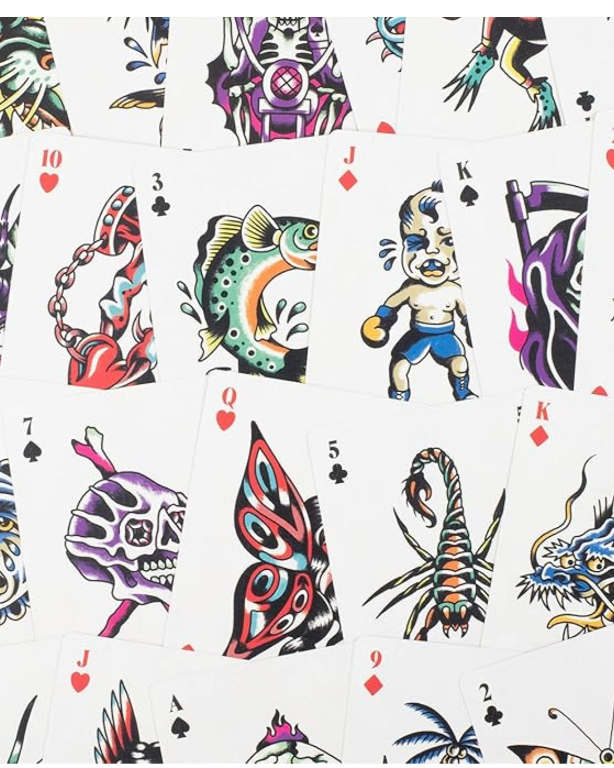 Tattoo Playing Cards artwork on different card ranks and suits.
