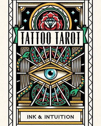 Cover of 'Tattoo Tarot' with decorative design elements on a white background
