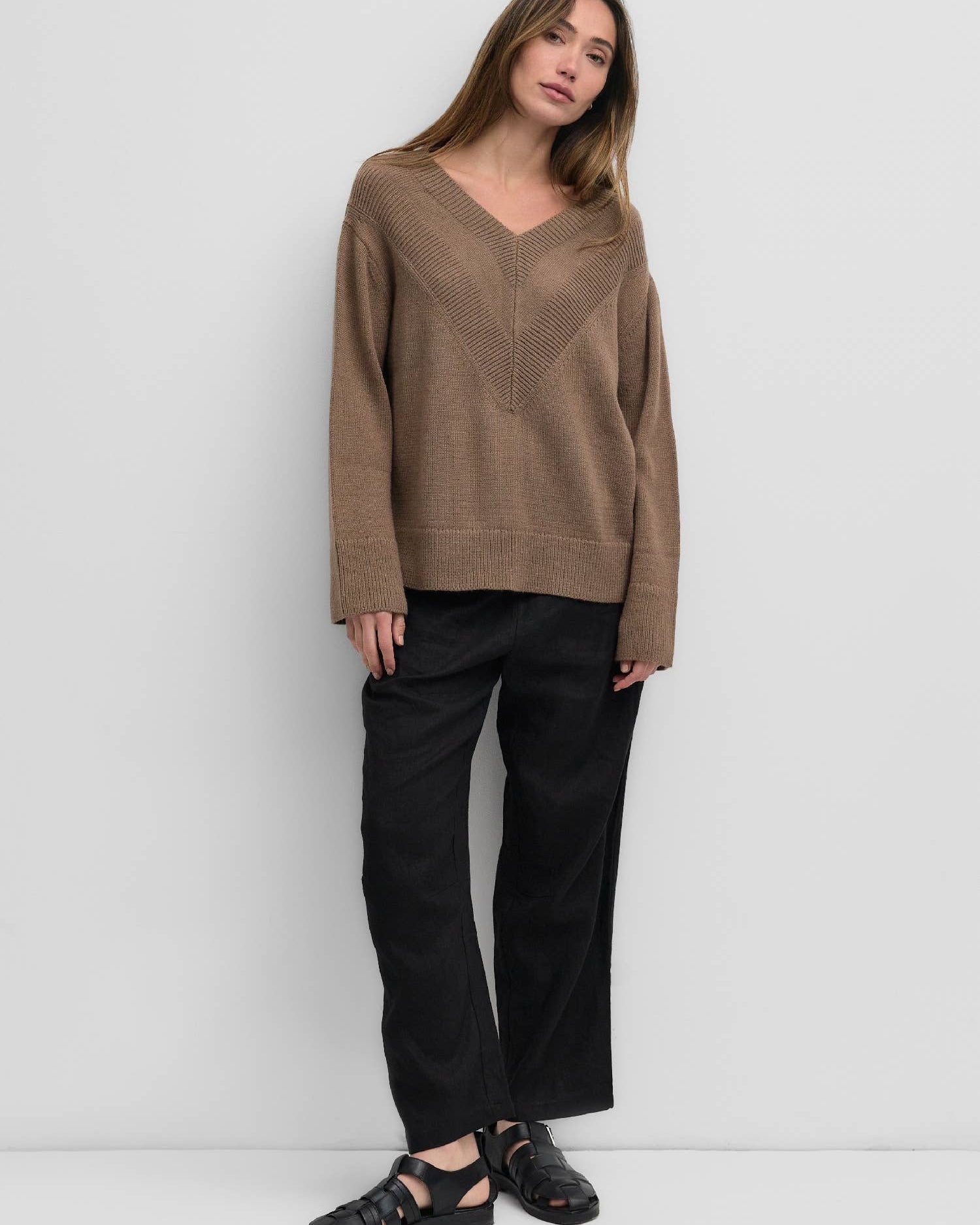 oversized sweater featuring a ribbed v-neck for texture