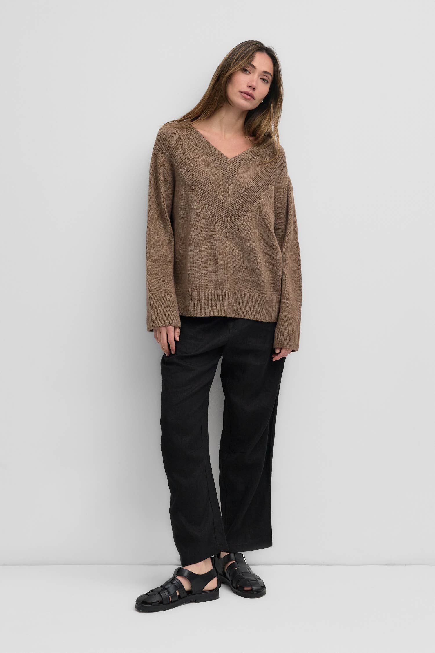 oversized sweater featuring a ribbed v-neck for texture