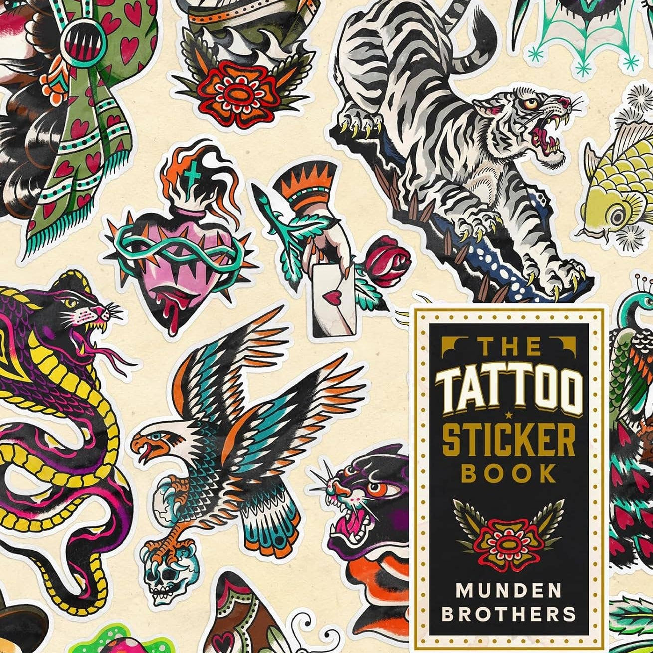 Tattoo-themed book cover with various tattoos by Munden Brothers.