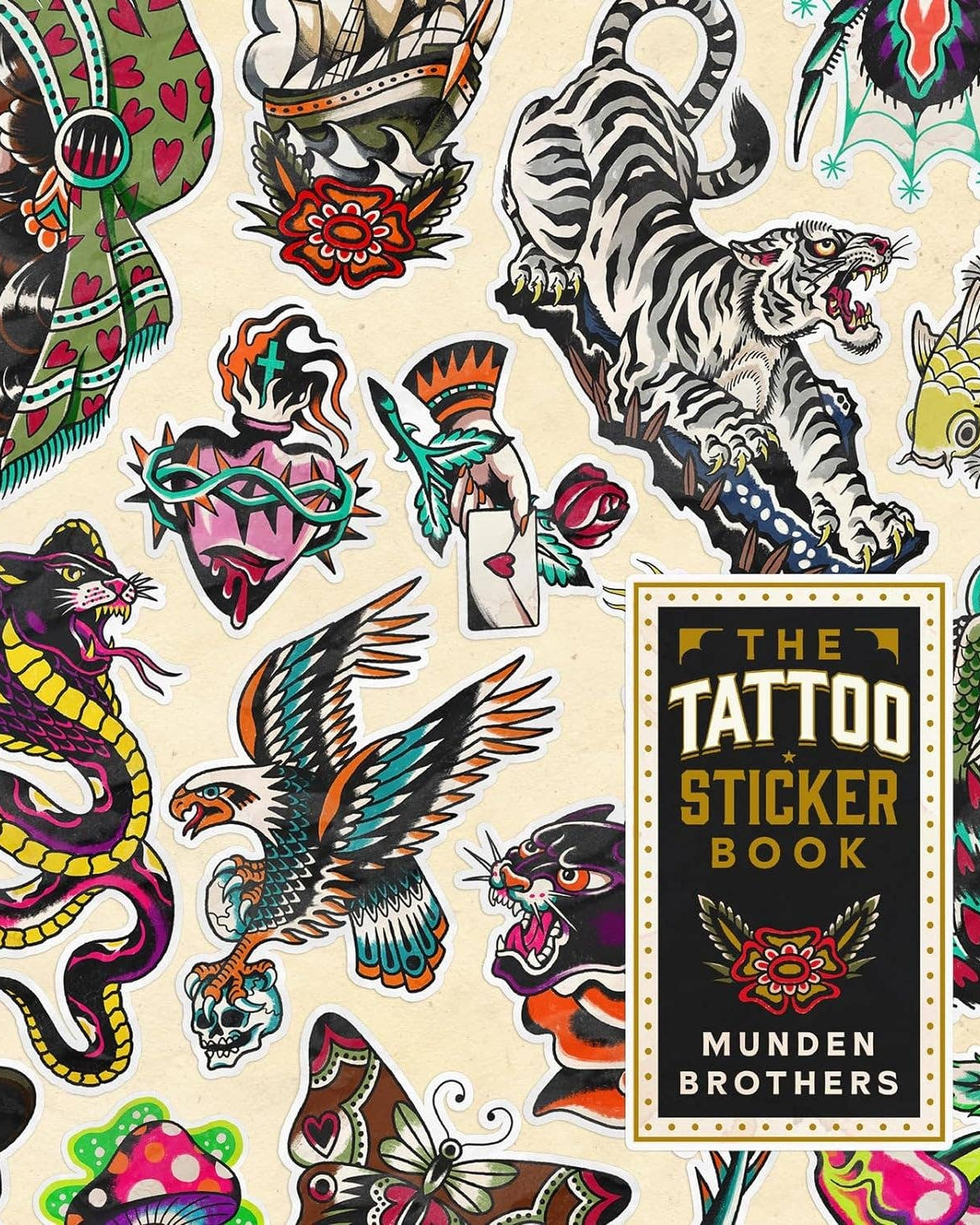 Tattoo-themed book cover with various tattoos by Munden Brothers.