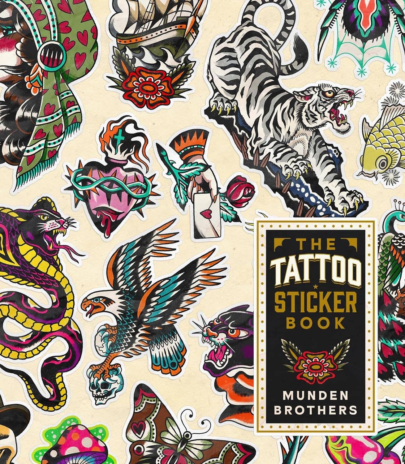 Tattoo-themed book cover with various tattoos by Munden Brothers.