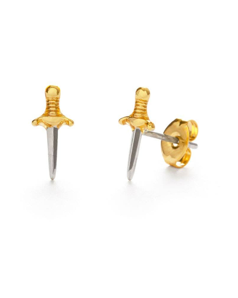 Tiny dagger stud earrings with gold handle and silver dagger