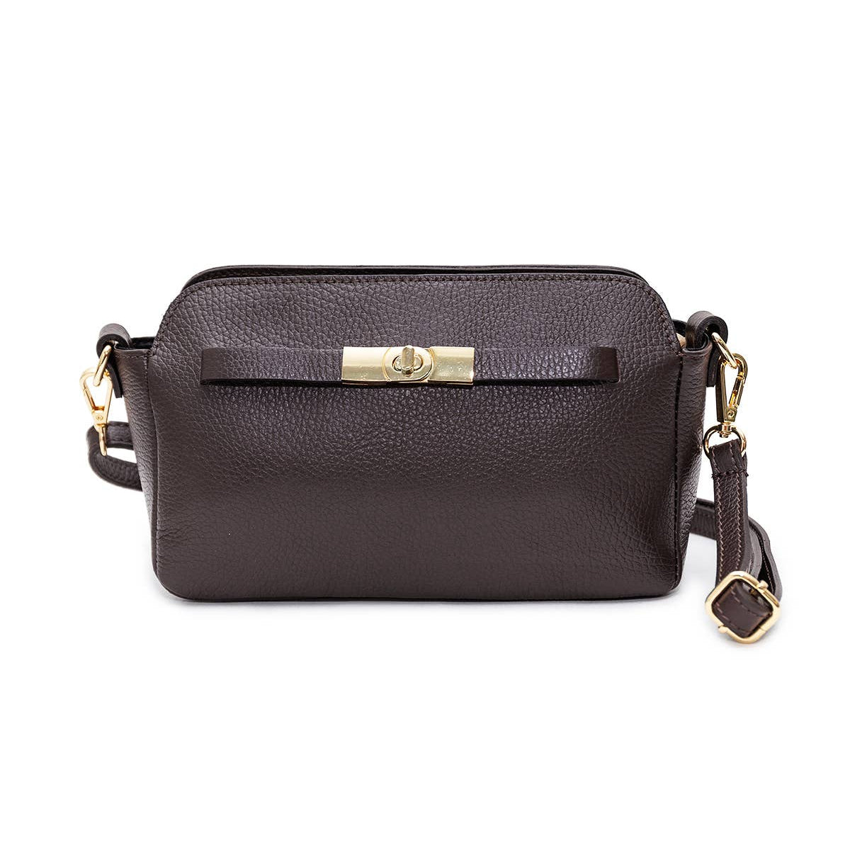A black textured leather crossbody bag with a gold-tone turn-lock clasp and a small hanging charm, shown against a plain white background.