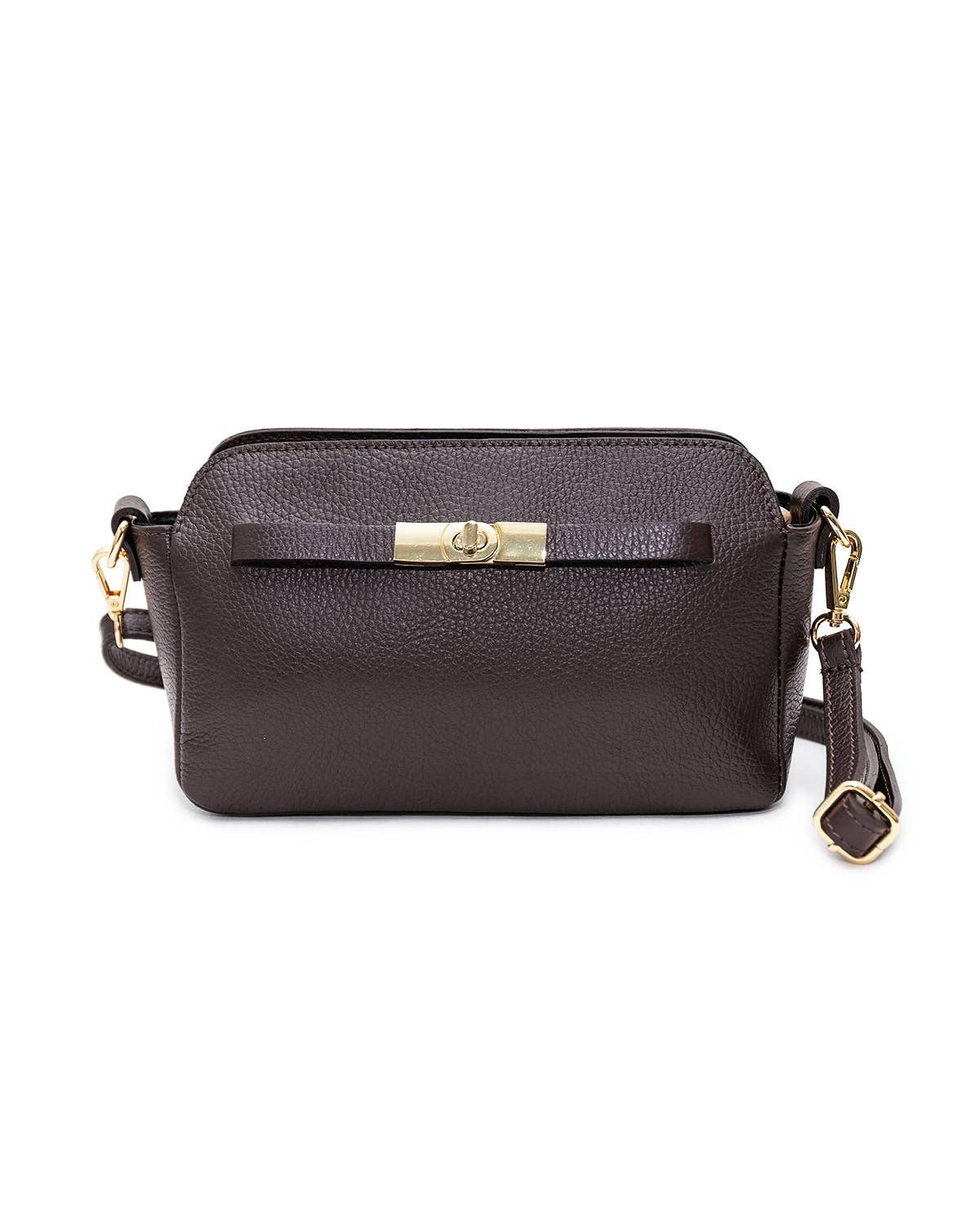 A black textured leather crossbody bag with a gold-tone turn-lock clasp and a small hanging charm, shown against a plain white background.