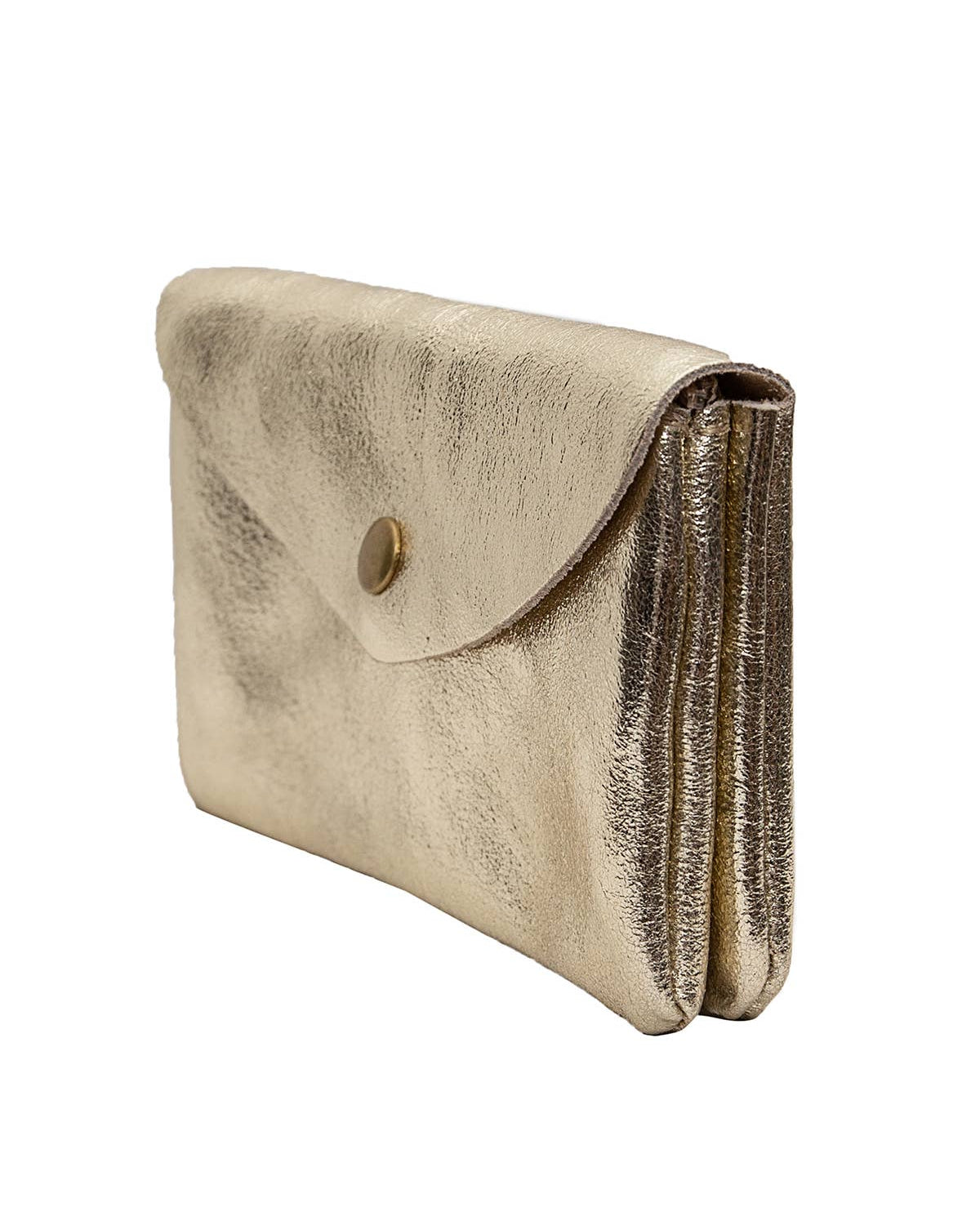 A metallic gold envelope clutch bag with a textured leather finish and a small gold snap button closure, shown on a plain white background.