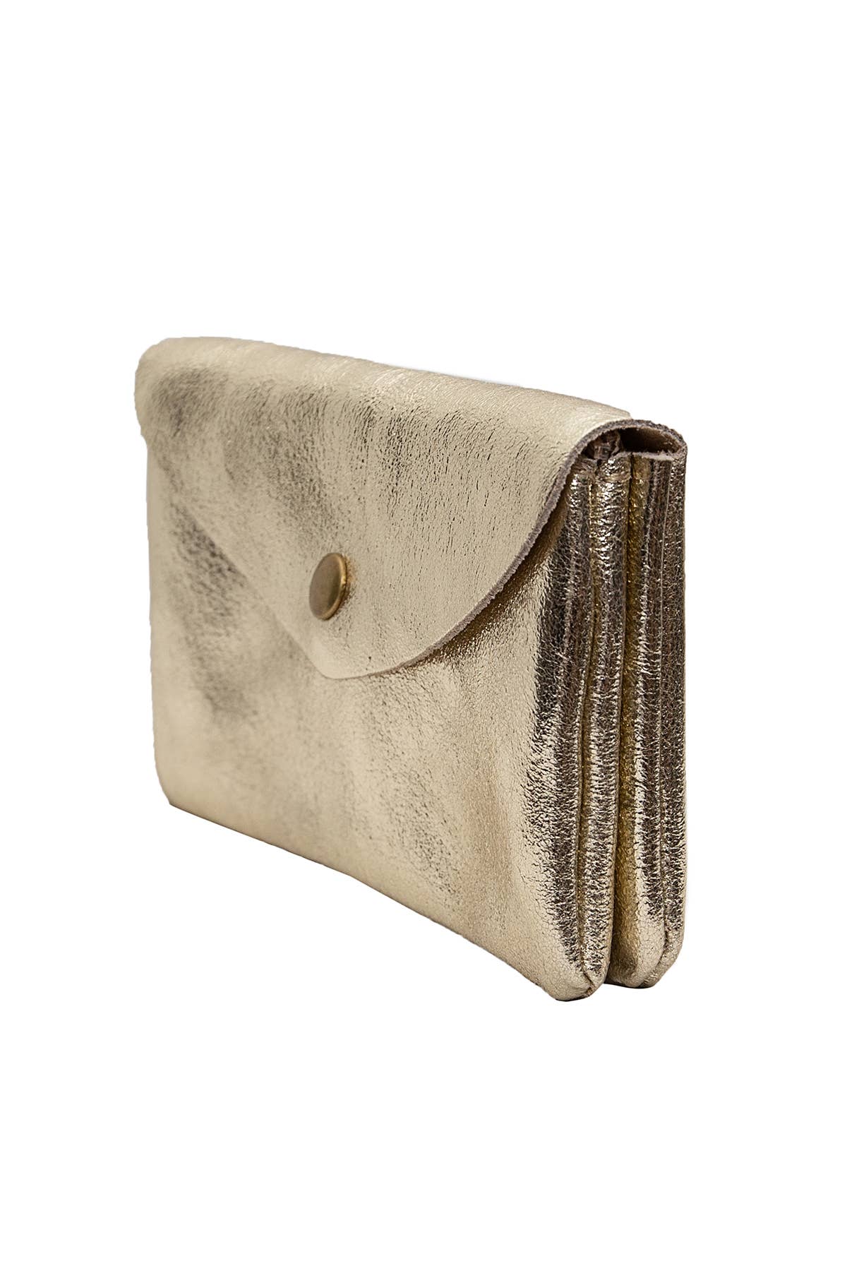 A metallic gold envelope clutch bag with a textured leather finish and a small gold snap button closure, shown on a plain white background.