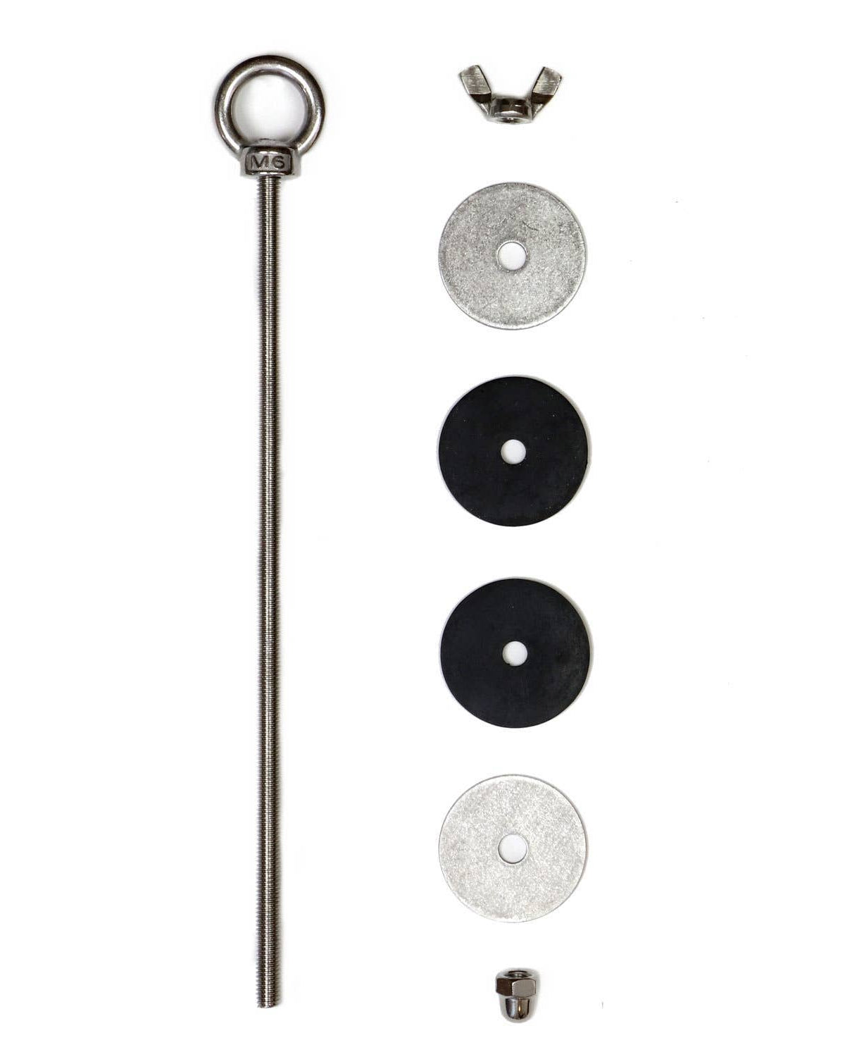 Set of metal components including a long rod with eye bolt, washers, and clips on a white background.