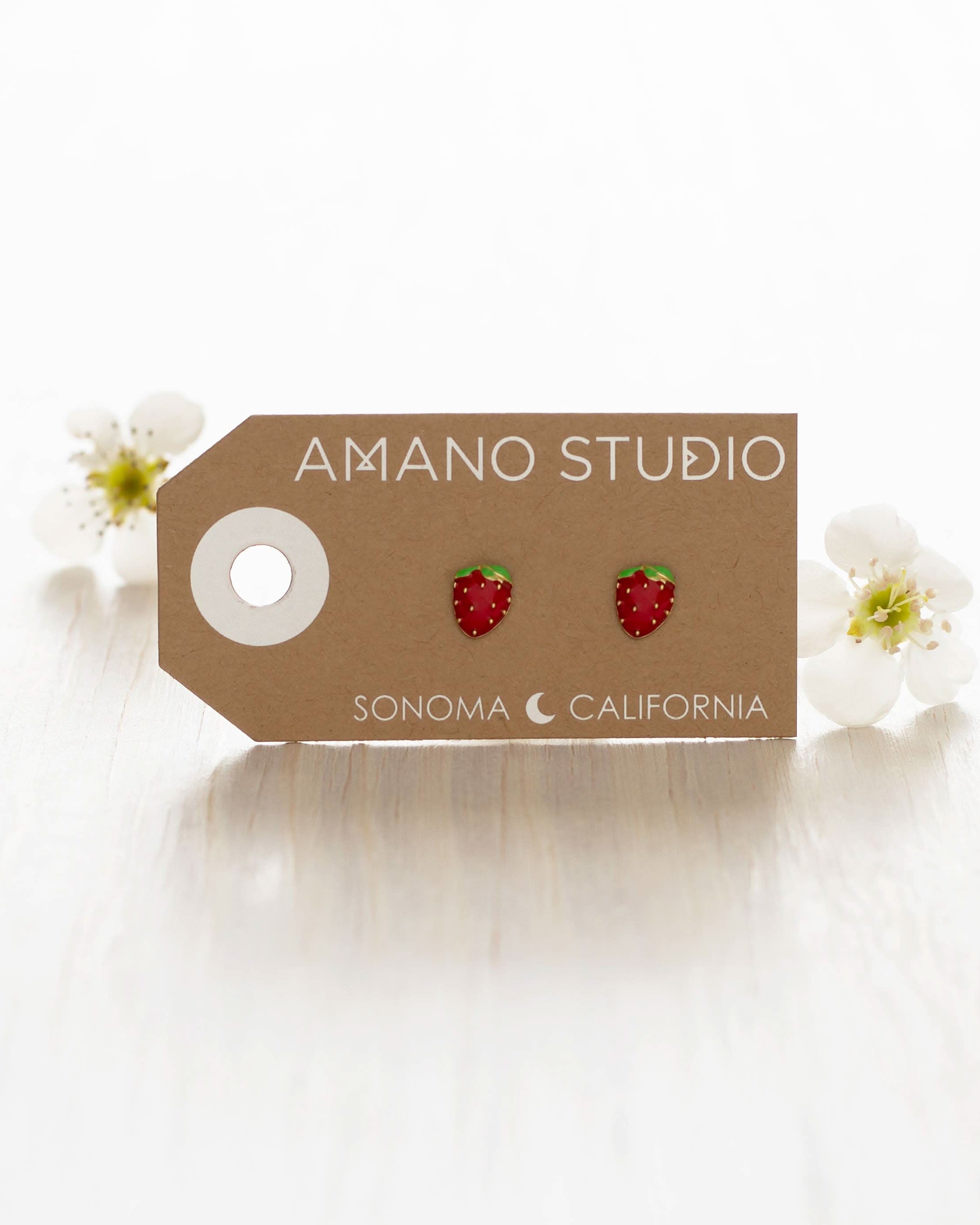 Strawberry stud earrings shown on display card