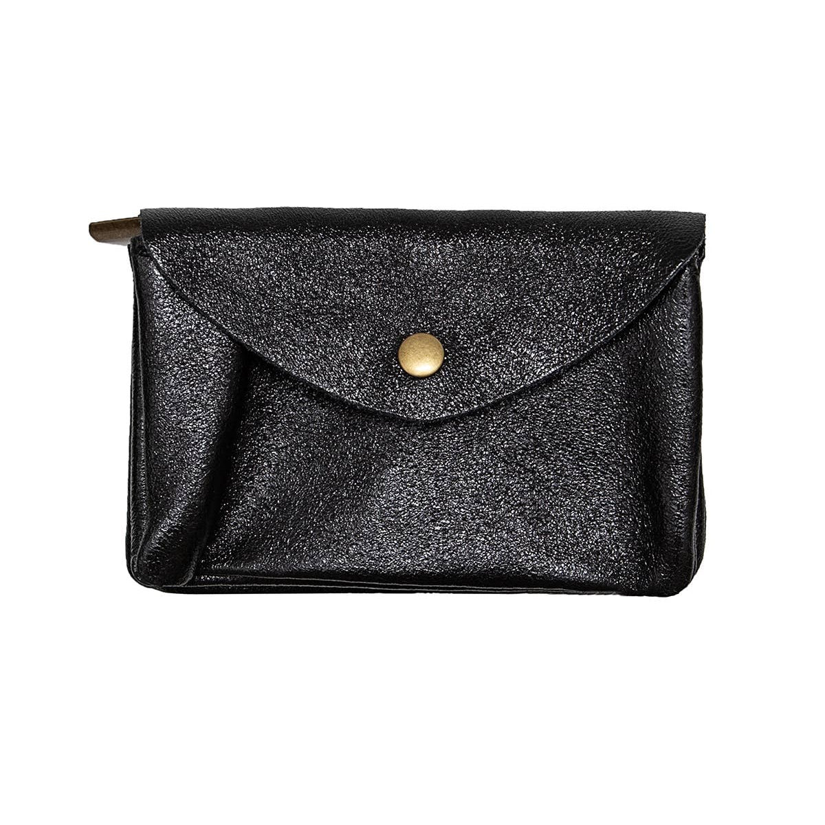A black textured envelope-style clutch bag with a gold snap button closure, shown flat against a plain white background.