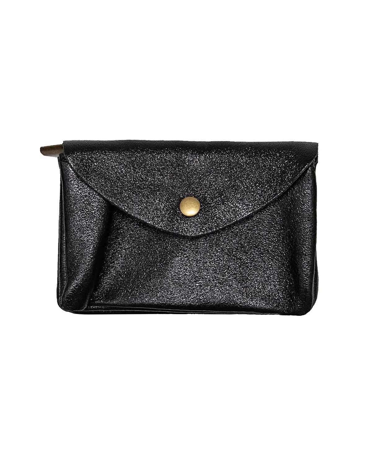 A black textured envelope-style clutch bag with a gold snap button closure, shown flat against a plain white background.