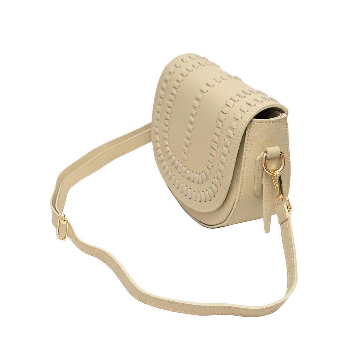 Cream colored leather crossbody bag with magnetic front clap and leather woven geometric design and gold Metal details