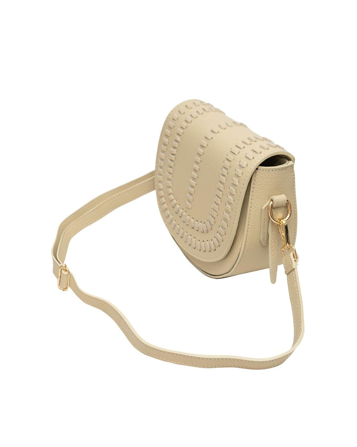 Cream colored leather crossbody bag with magnetic front clap and leather woven geometric design and gold Metal details