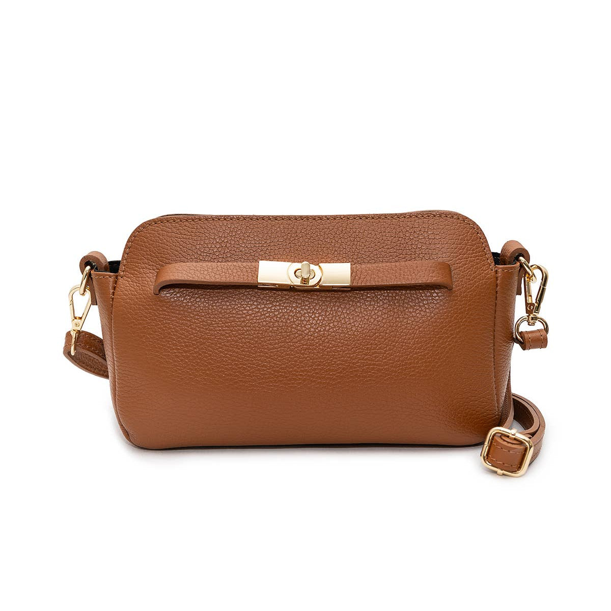 A brown pebbled leather crossbody bag with a gold-tone turn-lock clasp and matching gold-tone hardware, shown against a plain white background.