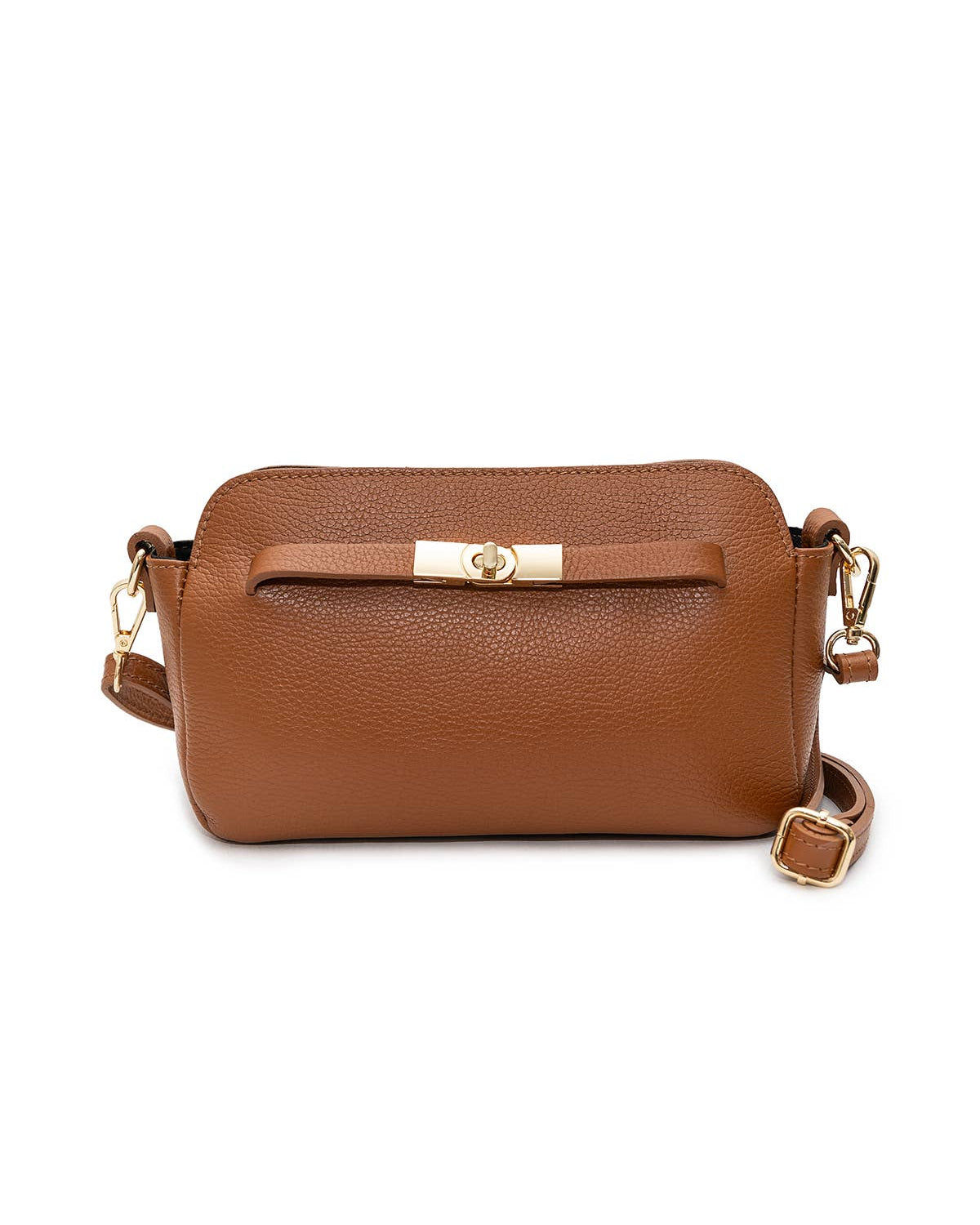 A brown pebbled leather crossbody bag with a gold-tone turn-lock clasp and matching gold-tone hardware, shown against a plain white background.
