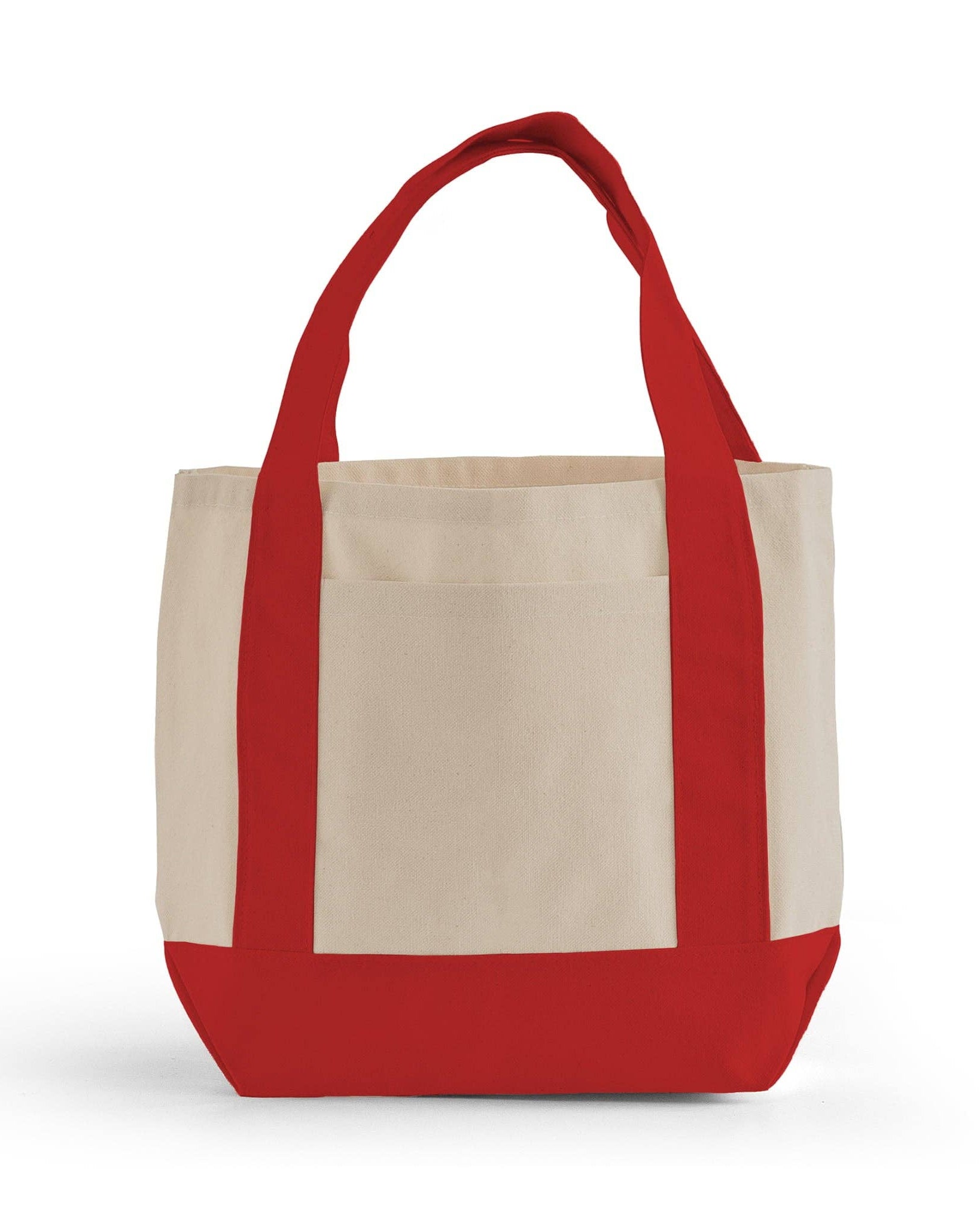 Red and beige tote bag on a white background