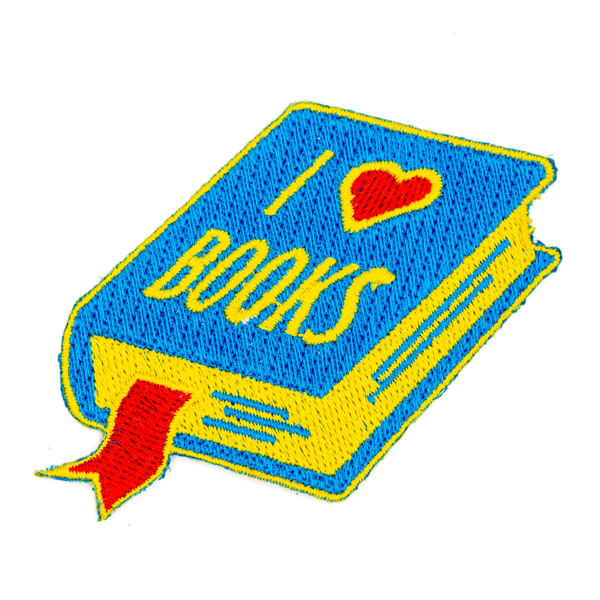 Embroidered patch of a book with 'I ❤️ Books' text on a white background