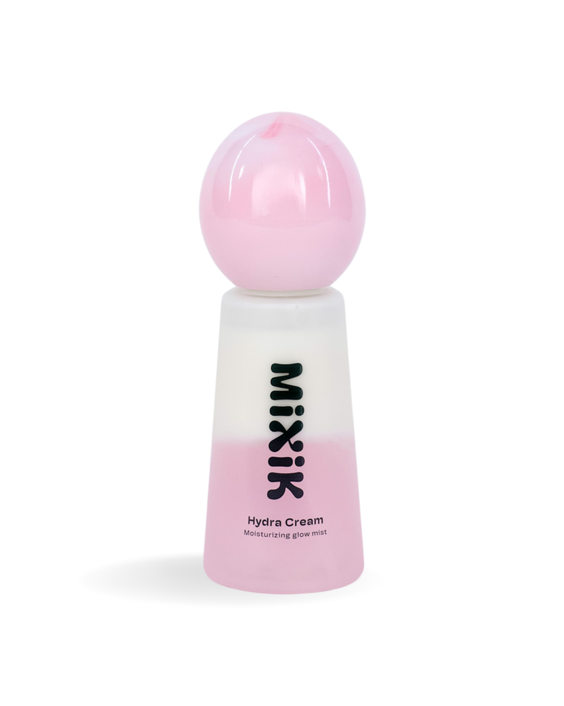 Pink and white bottle of Mixik Hydra Cream on a white background