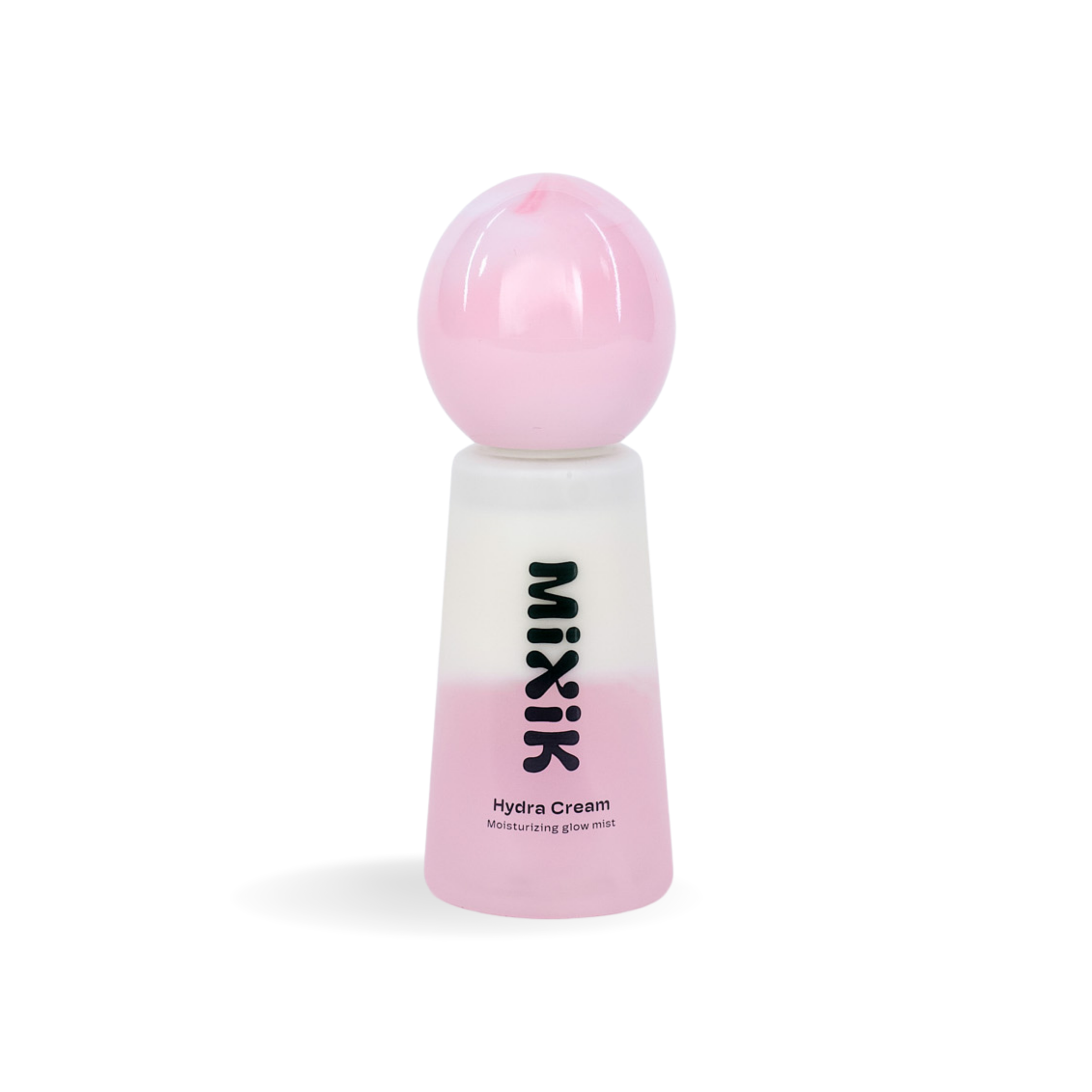 Pink and white bottle of Mixik Hydra Cream on a white background