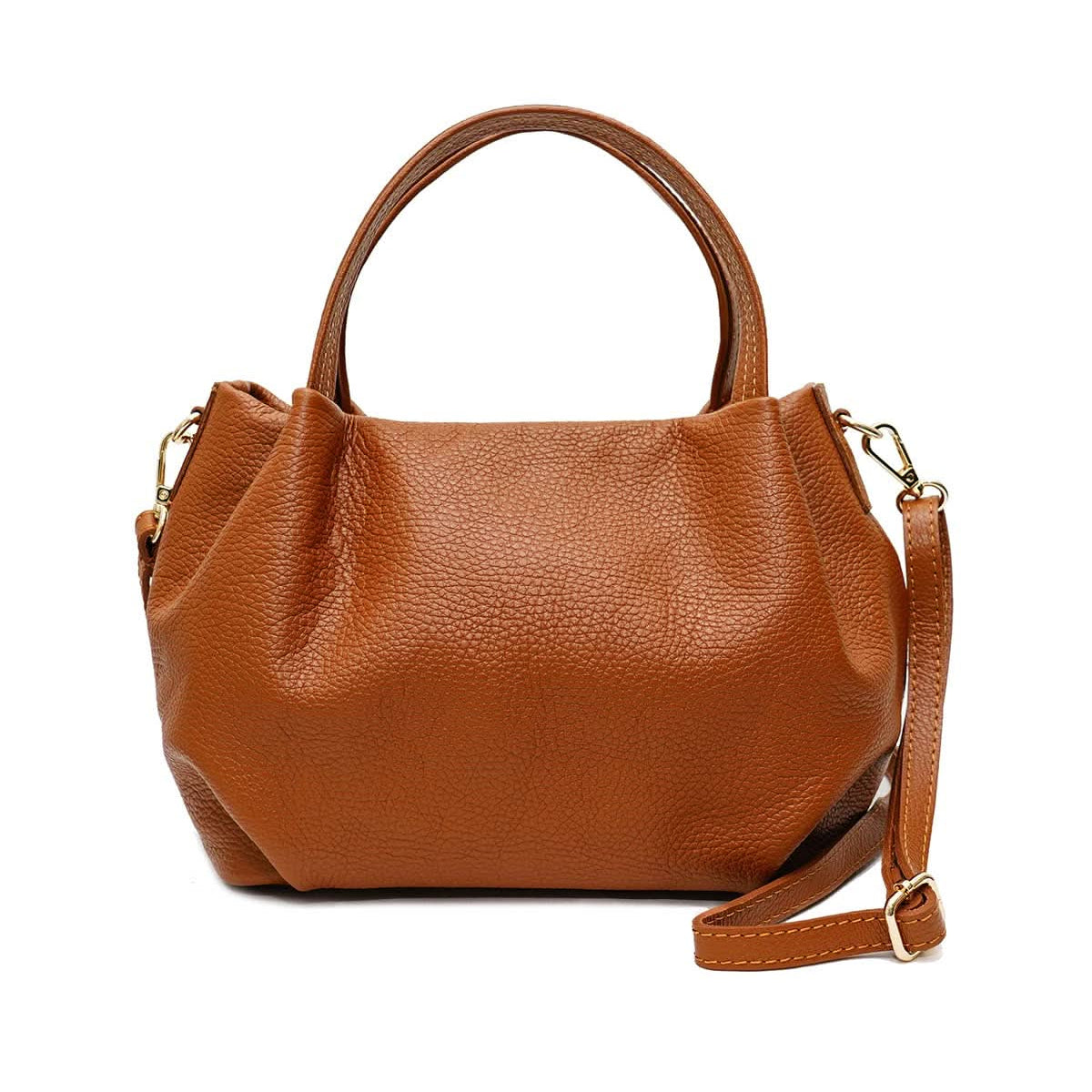Big chestnut brown leather handbag purse with handles, strap, and gold details