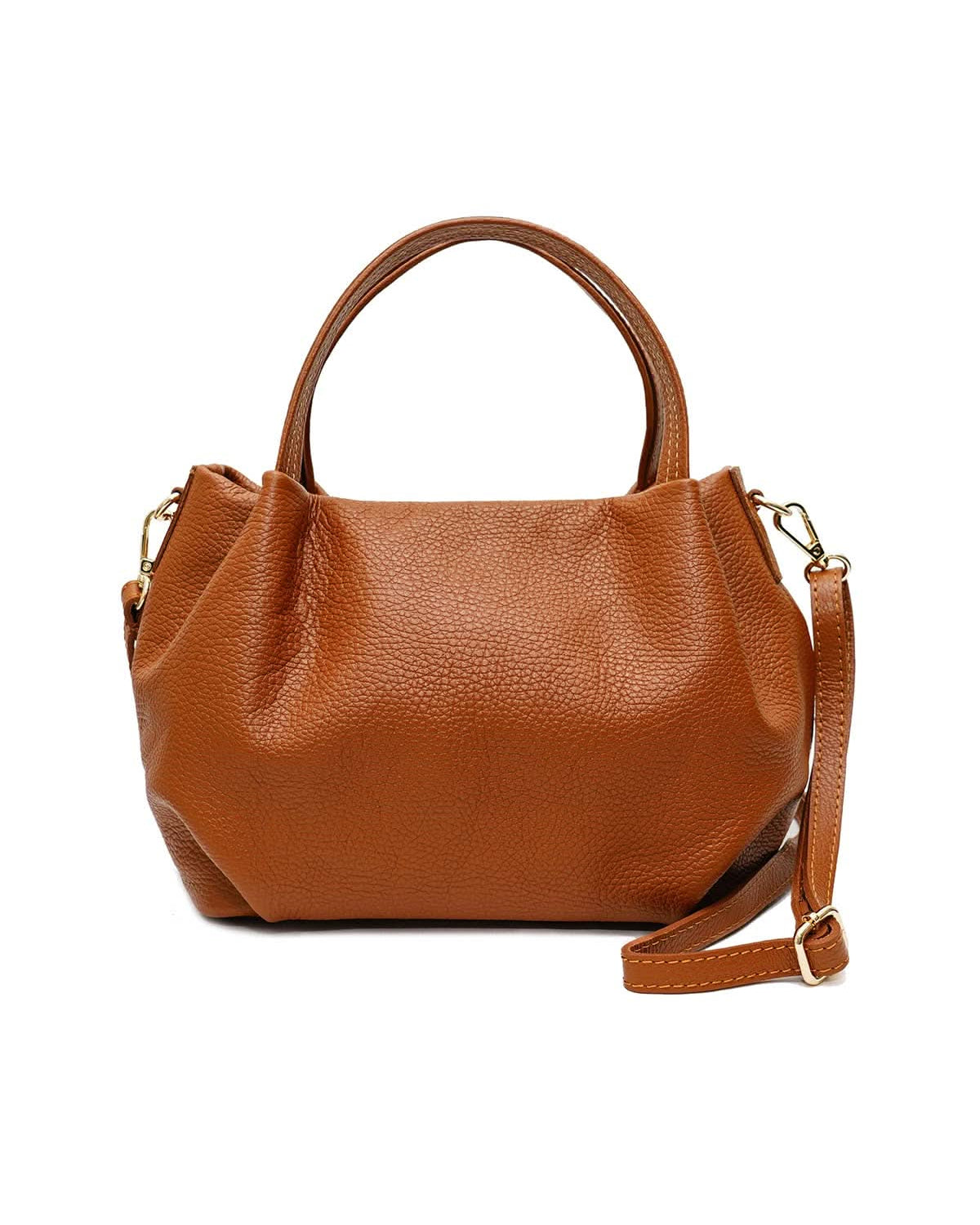 Big chestnut brown leather handbag purse with handles, strap, and gold details