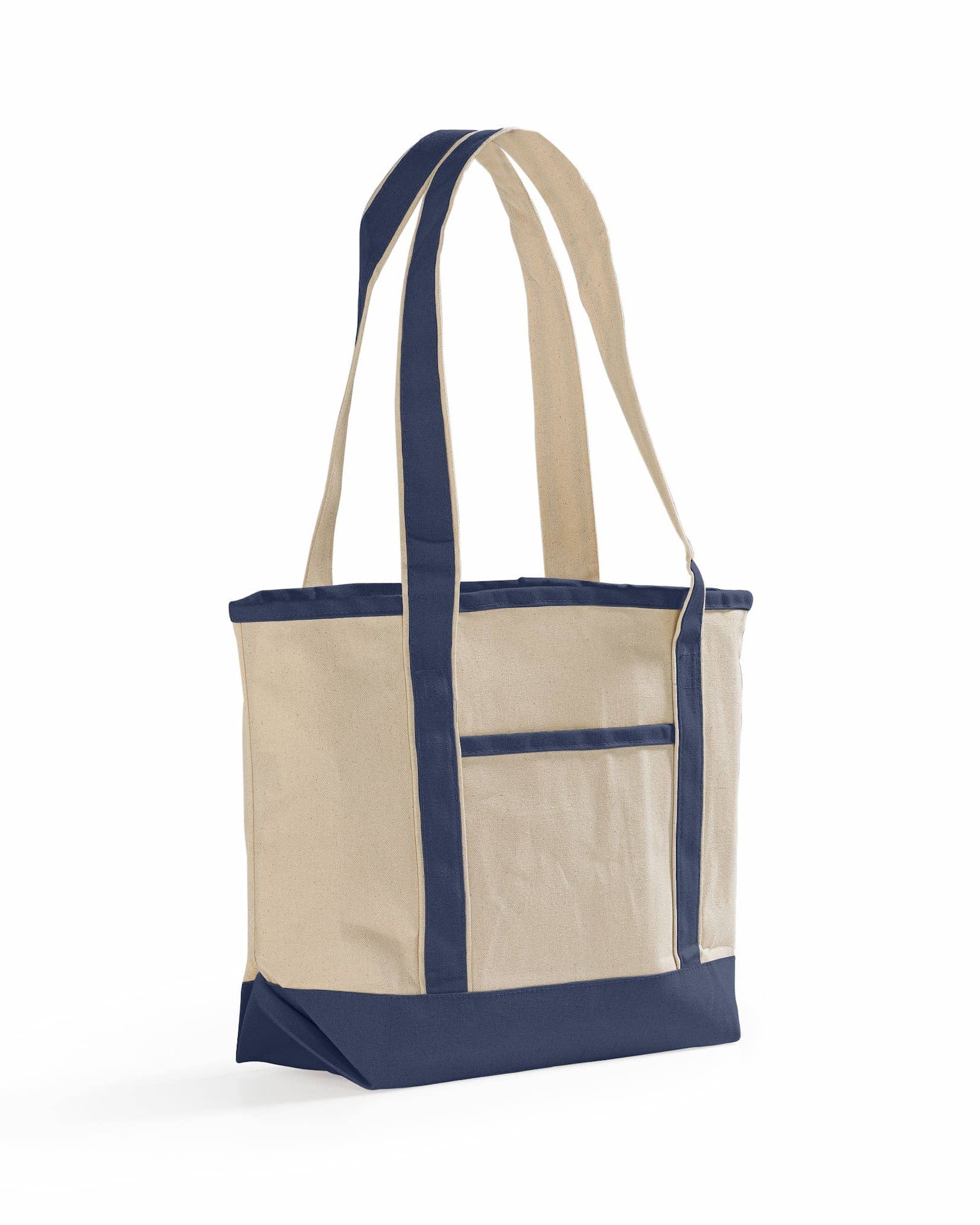 Beige and navy tote bag with a pocket on a white background