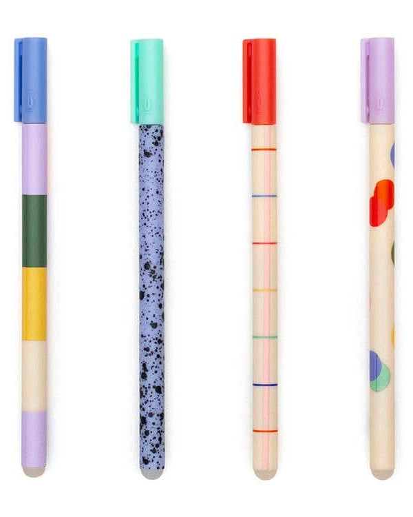 Four pens side by side with colorful prints