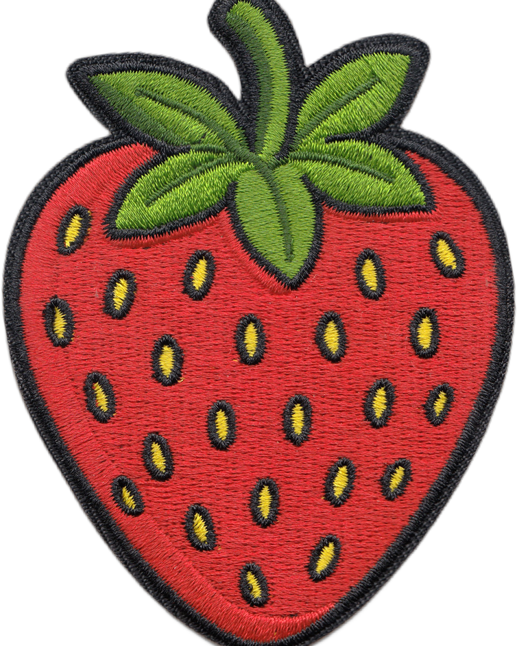 Embroidered patch of a strawberry with a green leaf on a white background