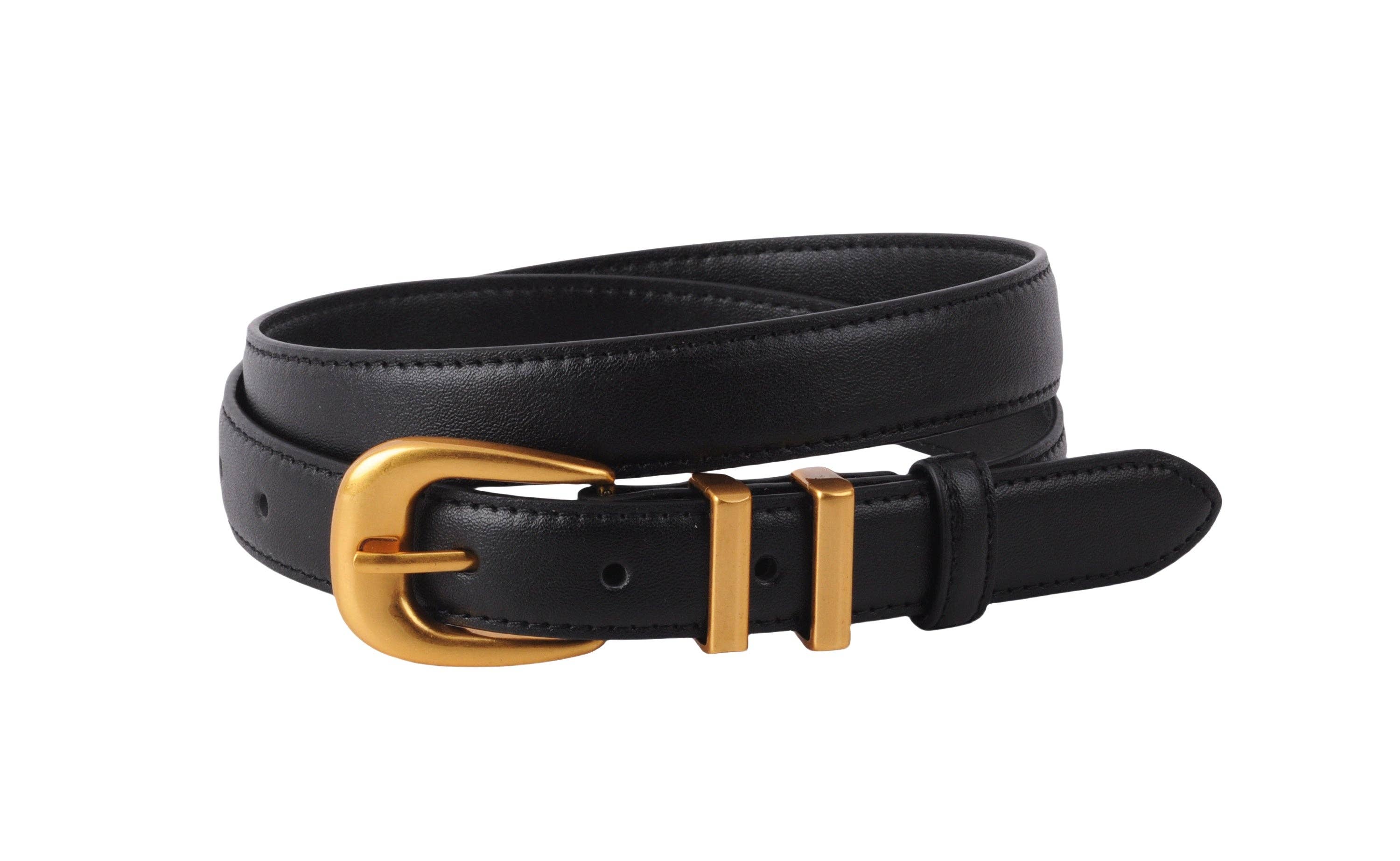 Black belt with a gold buckle on a white background