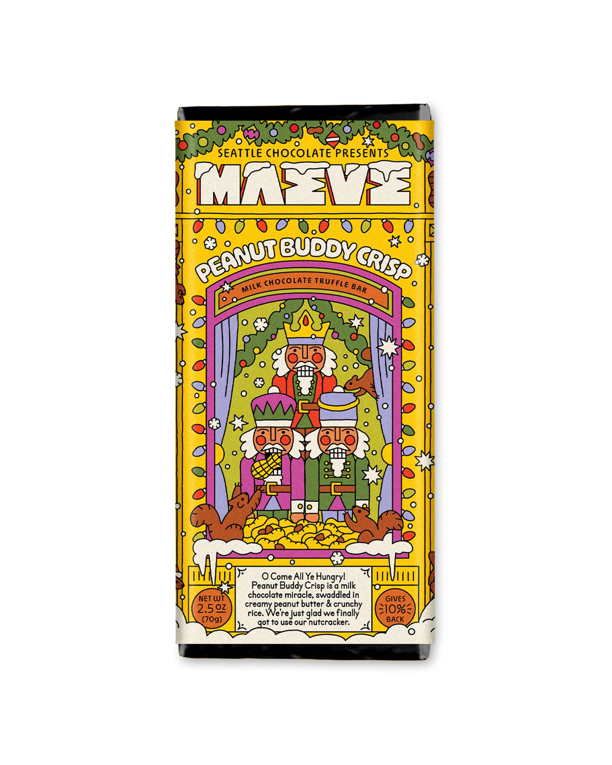 Colorful packaging of a chocolate bar with festive design on a white background