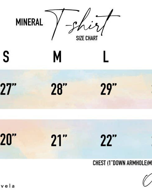 Size chart for mineral t-shirts with length and chest measurements.