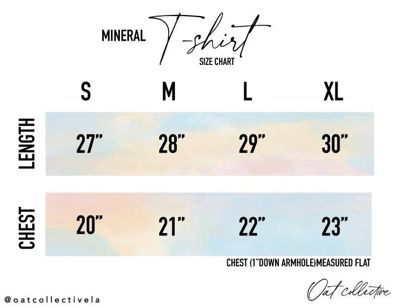 Size chart for mineral t-shirts with length and chest measurements.