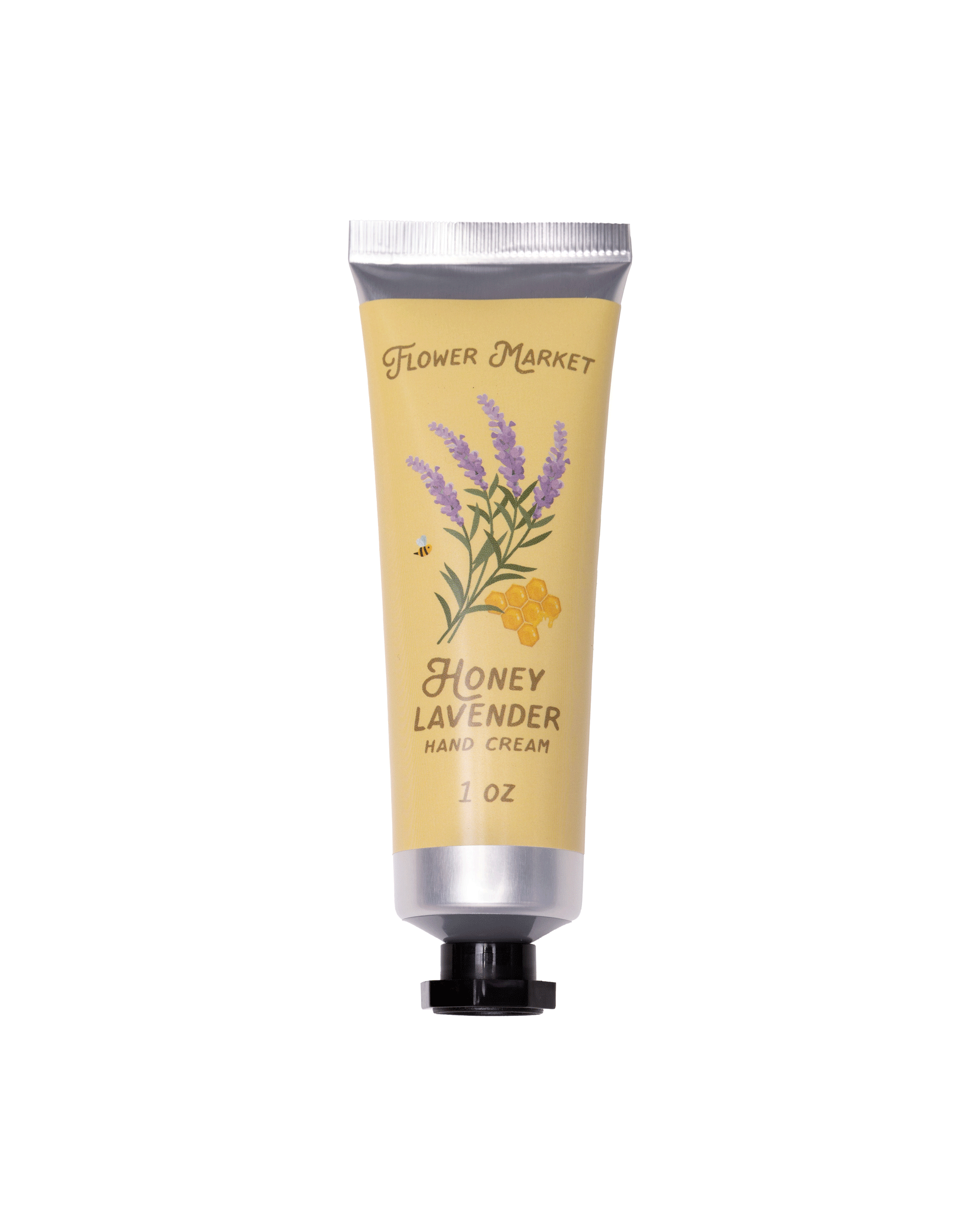 Hand cream tube labeled 'Flower Market Honey Lavender' on a white background