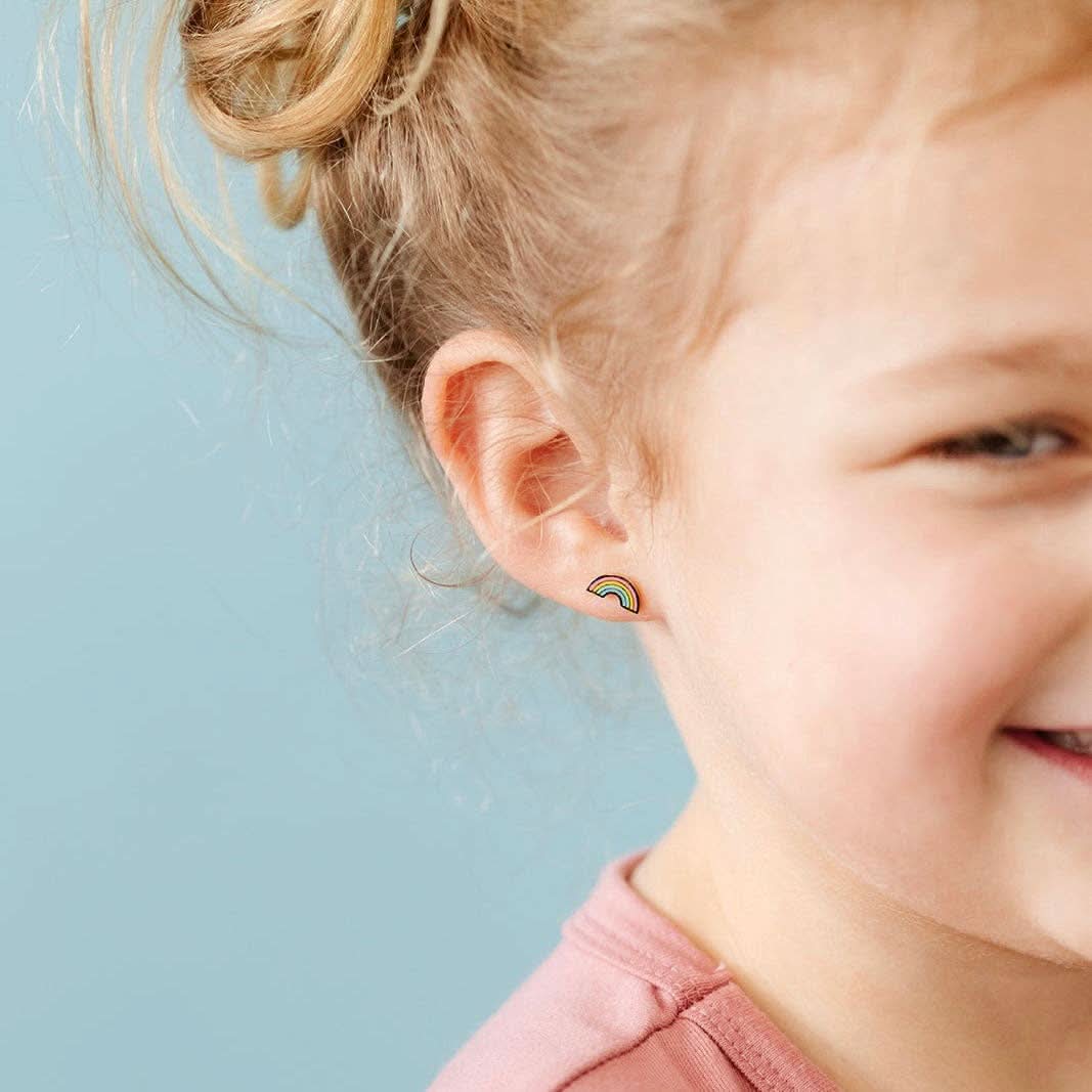 Child wearing Pair of Pastel hue rainbow flat back earrings