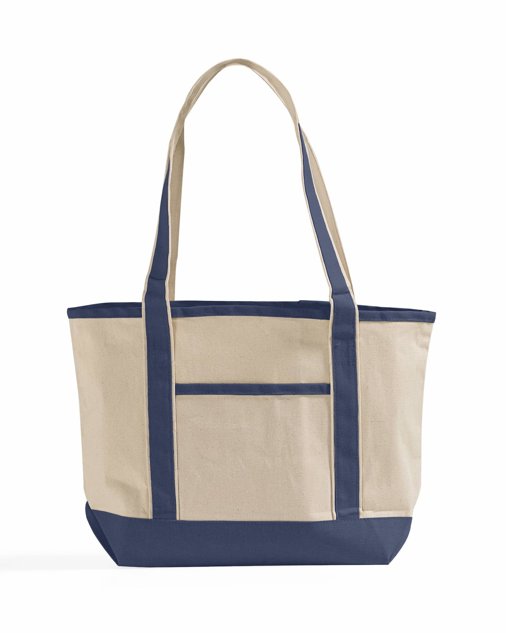 Beige and navy tote bag on a white background