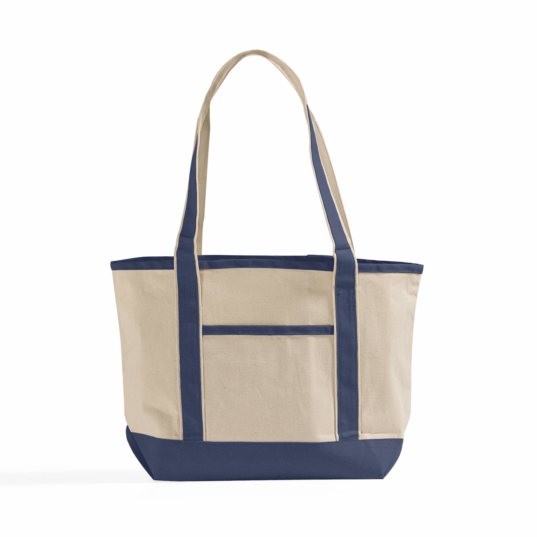 Beige and navy tote bag on a white background