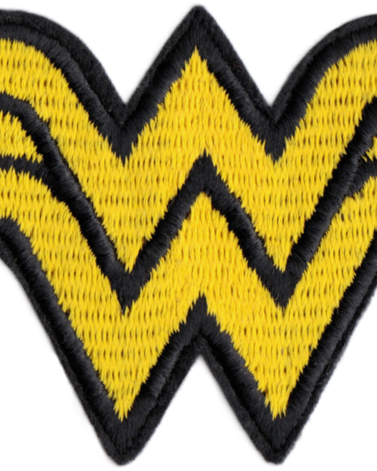 Yellow and black Wonder Woman logo patch on a white background