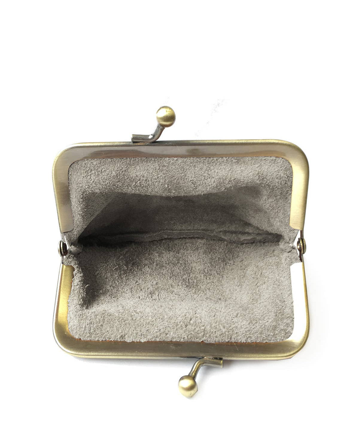 An open vintage-style kiss-lock clutch purse with a gold-toned metal frame and a textured gray fabric lining, shown against a plain white background.
