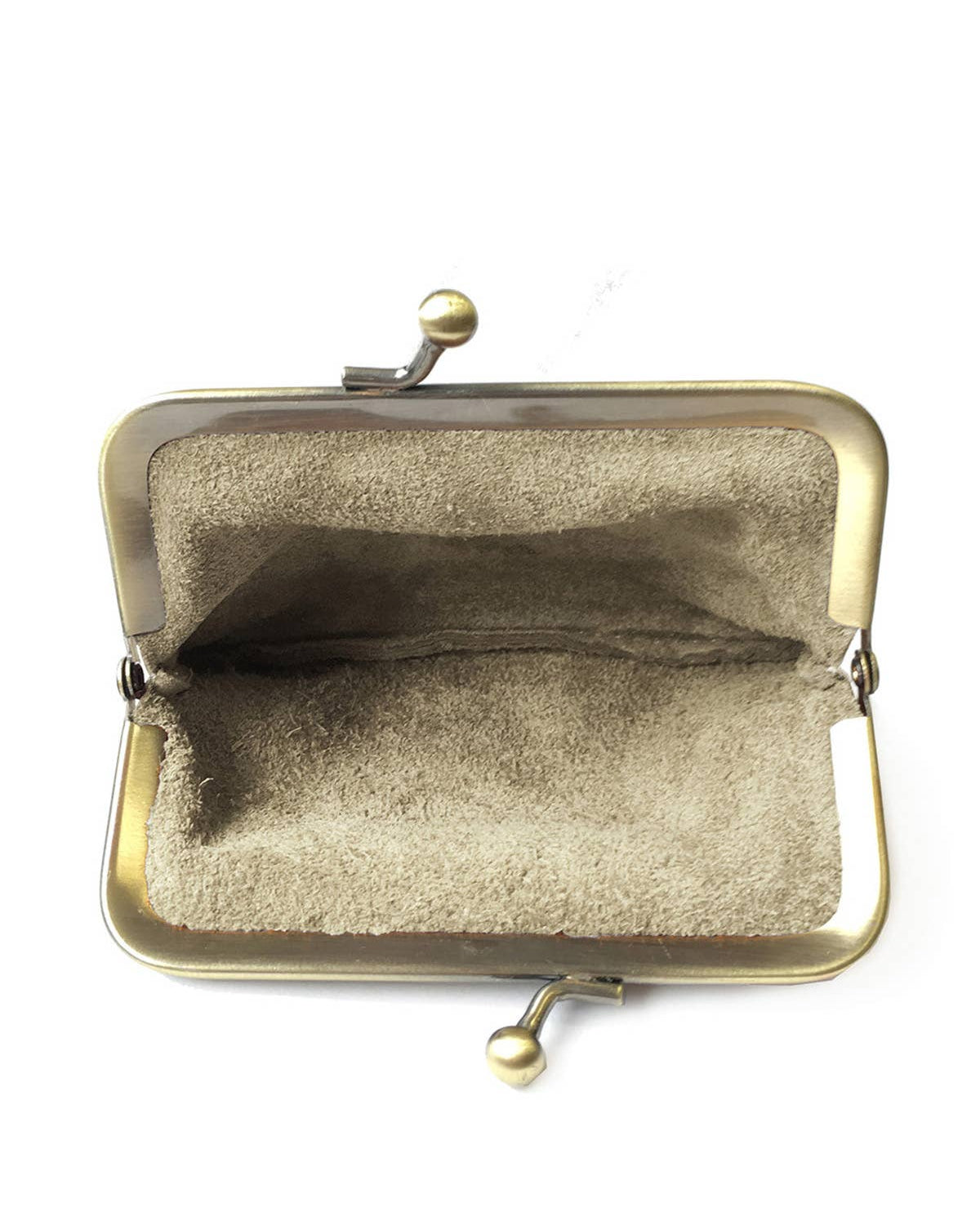An open vintage-style kiss-lock clutch purse with a gold-toned metal frame and a textured beige fabric lining, shown against a plain white background.