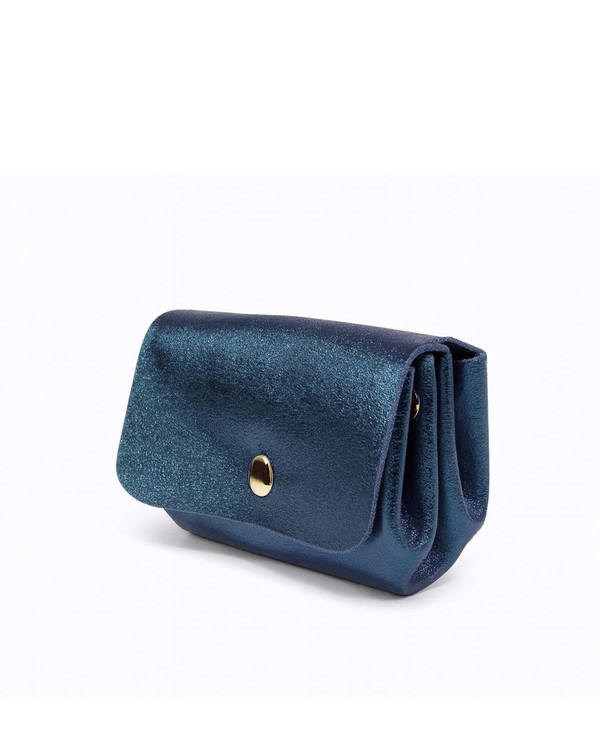 Blue leather wallet with a gold button on a white background
